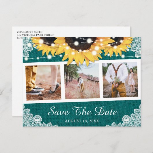 Rustige Blauwgroen zonnebloem Foto slaat de datum  Aankondigingskaart (Voorkant / Achterkant)