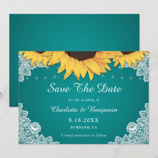 Rustige Blauwgroen zonnebloem-weddenschap bespaart Save The Date (Voorkant / Achterkant)