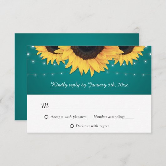 Rustige Blauwgroen zonnebloembruiloft RSVP Kaartje (Voorkant / Achterkant)