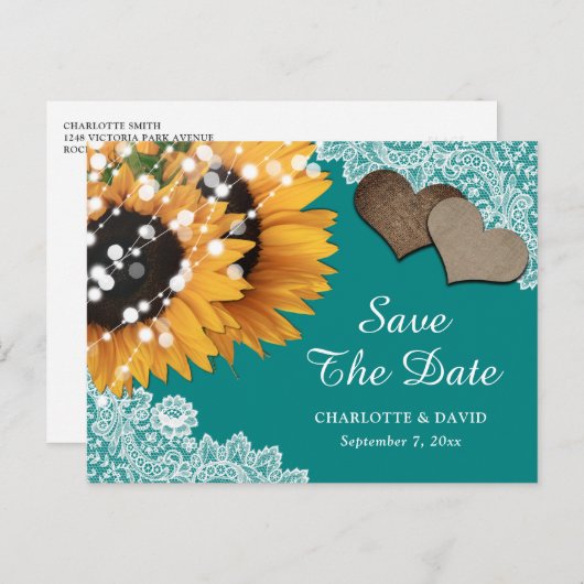 Rustige Blauwgroen zonnebloempitten die de datum o Aankondigingskaart (Voorkant / Achterkant)