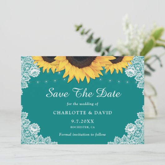 Rustige Blauwgroen zonnebloempjes bruiloft Save The Date (Staand voorkant)
