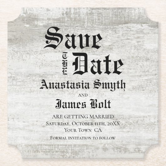 Rustige Bleaching Wood Wedding Save the Date Kartonnen Onderzetters (Voorkant)