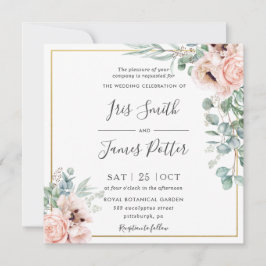 Rustige bleekroze Floral Eucalyptus Gold Wedding Kaart