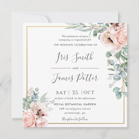 Rustige bleekroze Floral Eucalyptus Gold Wedding Kaart (Voorkant)
