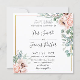 Rustige bleekroze Floral Eucalyptus Gold Wedding Kaart