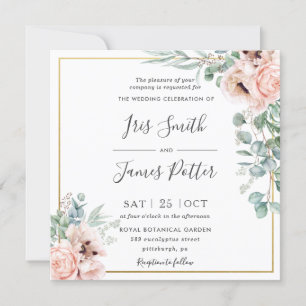 Rustige bleekroze Floral Eucalyptus Gold Wedding Kaart