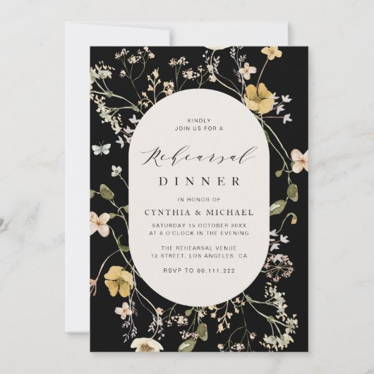 rustige bloem zwarte repetitie diner kaart (Voorkant)