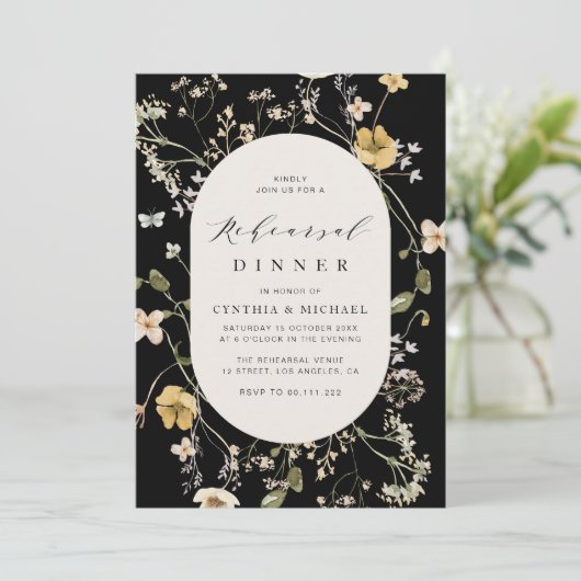 rustige bloem zwarte repetitie diner kaart (Staand voorkant)