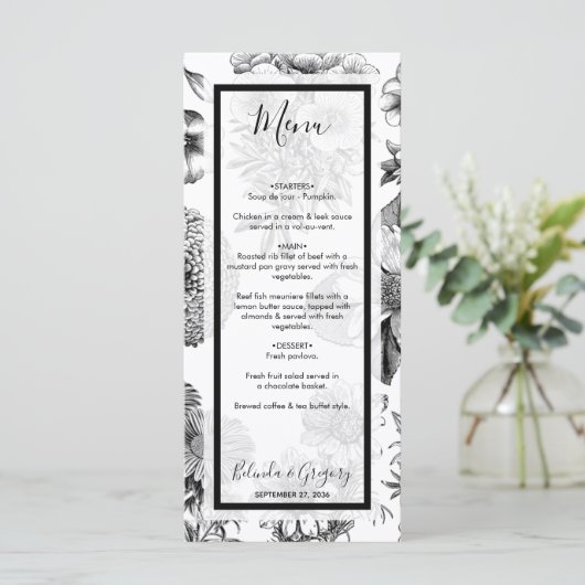 Rustige  bloemen bruiloft menu (Staand voorkant)