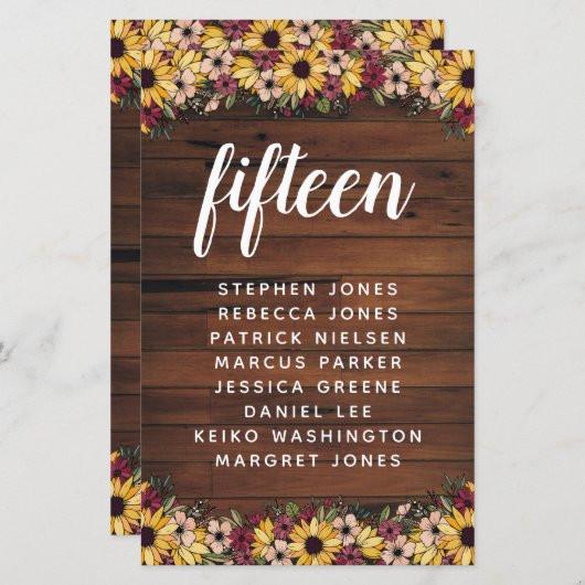 Rustige bloemen Houttabel Aantal Gastnaam Begrotin (Voorkant / Achterkant)