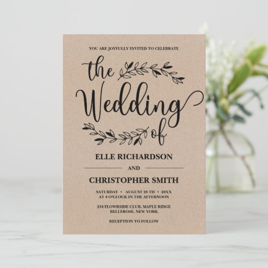 Rustige bloemsierplanten kraft paper bruiloft kaart (Staand voorkant)