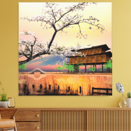 Rustige Bloesem: Zonsondergang bij een Japans Meer Canvas Afdruk