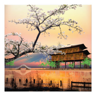 Rustige Bloesem: Zonsondergang bij een Japans Meer Foto Afdruk