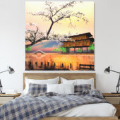 Rustige bloesem: zonsondergang boven een Japans la Canvas Afdruk (Insitu (Slaapkamer))