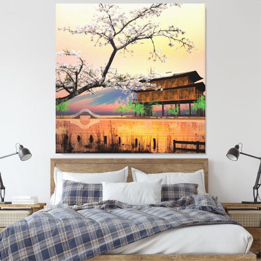 Rustige bloesem: zonsondergang boven een Japans la Canvas Afdruk (Insitu (Slaapkamer))