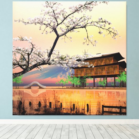 Rustige bloesem: zonsondergang boven een Japans la Canvas Afdruk (Insitu (Houten vloer))