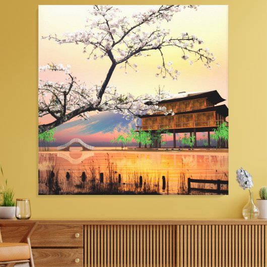 Rustige bloesem: zonsondergang boven een Japans la Canvas Afdruk (Insitu (Woonkamer))