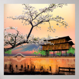 Rustige bloesem: zonsondergang boven een Japans la Poster