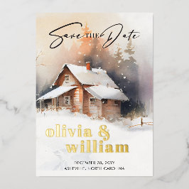 Rustige blokhut winter bruiloft save the date folie uitnodiging