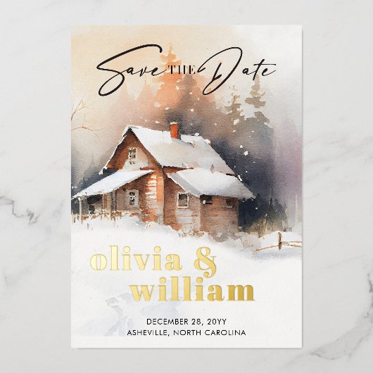 Rustige blokhut winter bruiloft save the date folie uitnodiging (Voorkant)