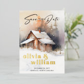 Rustige blokhut winter bruiloft save the date folie uitnodiging (Staand Voorkant)