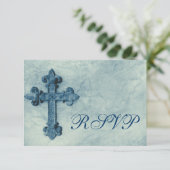 Rustige Blue Cross Distsed Wedding RSVP-kaarten RSVP Kaartje (Staand voorkant)