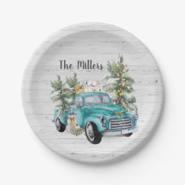 Rustige Blue Farmhouse Truck Kerstparty Papieren Bordje