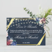 Rustige Blue Flower Gold Wood String Lights Weddin Bedankkaart (Staand voorkant)