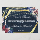 Rustige Blue Flower Gold Wood String Lights Weddin Bedankkaart (Voorkant / Achterkant)