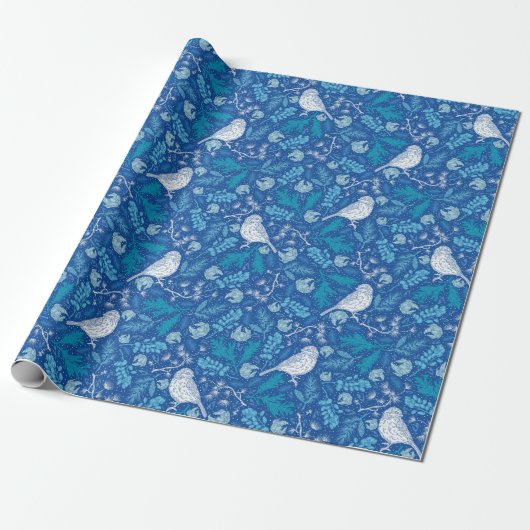 Rustige Blue Forest Birds kerstavond Cadeaupapier (Uitgerold)