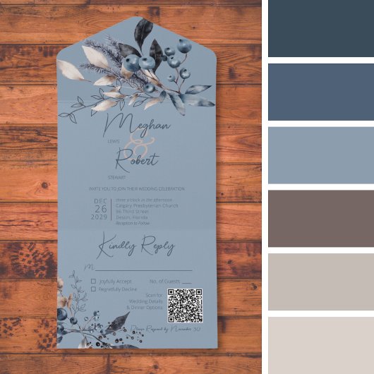 Rustige Blue Winter Foliage QR-code All In One Uitnodiging