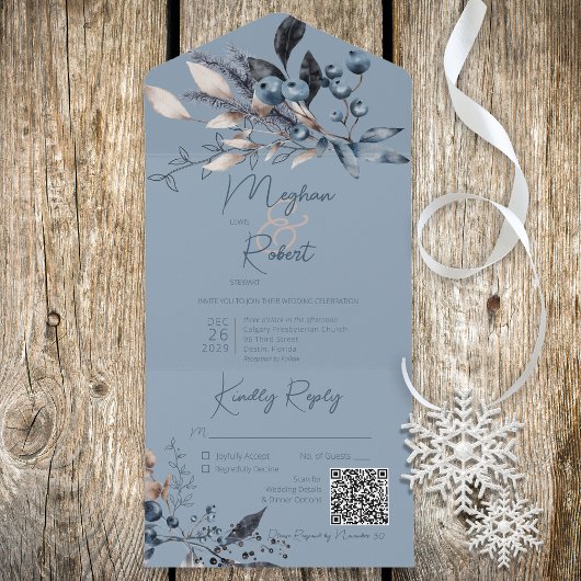 Rustige Blue Winter Foliage QR-code All In One Uitnodiging