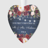 Rustige Blue Wood Burgundy Floral verlicht Kerstmi Ornament (voorkant)