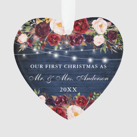 Rustige Blue Wood Burgundy Floral verlicht Kerstmi Ornament (voorkant)