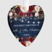 Rustige Blue Wood Burgundy Floral verlicht Kerstmi Ornament (voorkant)