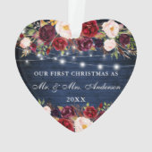 Rustige Blue Wood Burgundy Floral verlicht Kerstmi Ornament (achterkant)