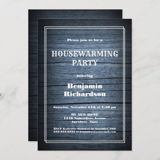 Rustige Blue Wood Housewarming Party Kaart (Voorkant / Achterkant)