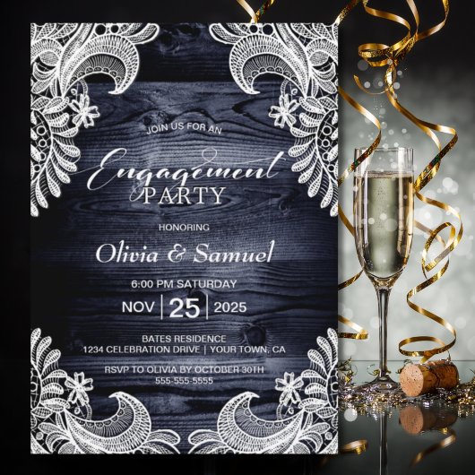 Rustige Blue Wood Lace Engagement Party Kaart