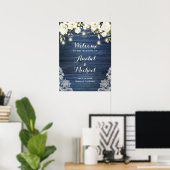 Rustige Blue Wood Lace White Flower Welcome Sign Poster (Thuiskantoor)