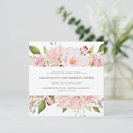 Rustige Blus roze Rose Floral Square Weddenschap Kaart (Staand voorkant)