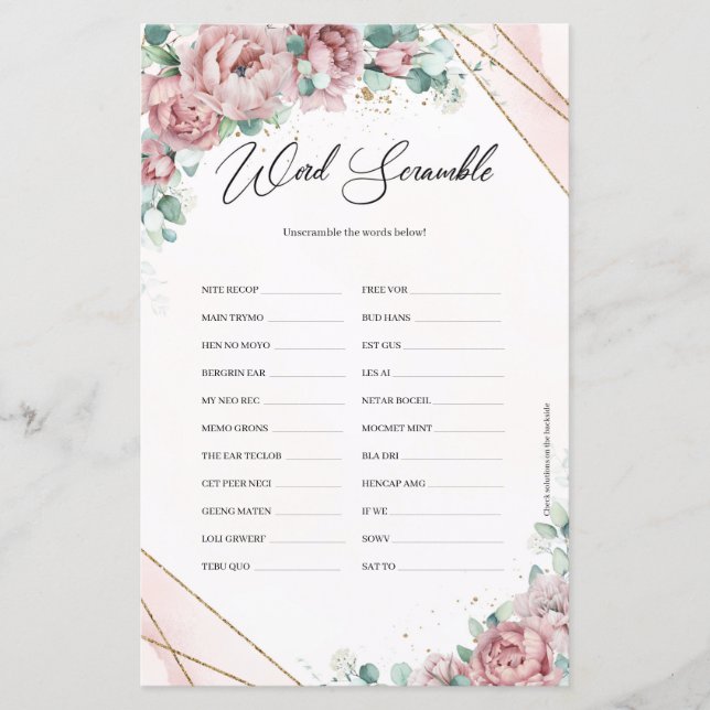 Rustige blush florale eucalyptus Gold Word Scrambl (Voorkant)