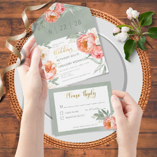 Rustige Blush Peach & White Peonies No Dinner All In One Uitnodiging