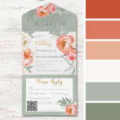Rustige Blush Peach & White Peonies QR Code All In One Uitnodiging