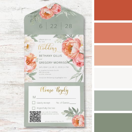 Rustige Blush Peach & White Peonies QR Code All In One Uitnodiging