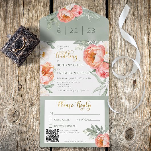 Rustige Blush Peach & White Peonies QR Code All In One Uitnodiging