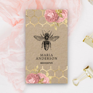 Rustige Blush Pink Floral Black Honey Bee Kraft Visitekaartje