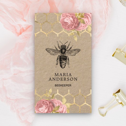 Rustige Blush Pink Floral Black Honey Bee Kraft Visitekaartje