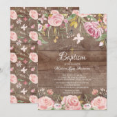 Rustige Blush Pink Floral Gold Cross Baptisme Kaart (Voorkant / Achterkant)