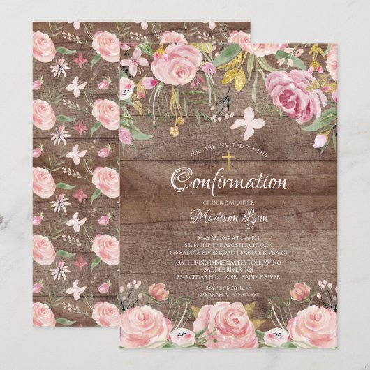 Rustige Blush Pink Floral & Gold Cross bevestiging Kaart (Voorkant / Achterkant)