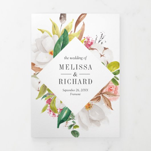 Rustige Blush Pink Floral Gold QR Code Weddenschap Drieluik Uitnodiging (Cover)